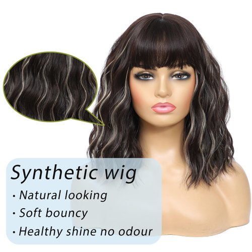 Veally Short Brown with Blonde Wigs for Women Curly Wavy Bob Wig with Bangs Natural Looking Synthetic Heat Resistant Fiber Highlight Wig for Daily Party Use (Brown with Blonde)
