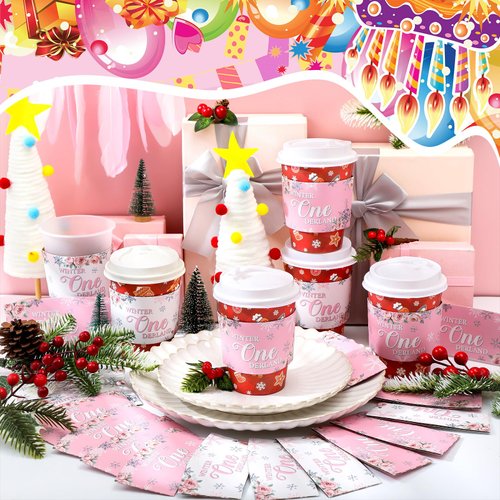 Lincia 30 Pcs Winter Onederland 1st Birthday Girl Pink Coffee Cup Sleeves Disposable Winter Onederland Birthday Decorations Party Supplies Winter Onederland Baby Shower Decoration for Girl