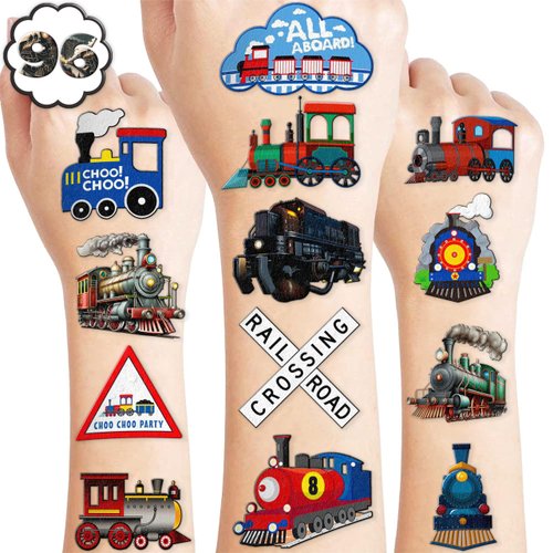 100 PCS Vintage Train Temporary Tattoos Themed Birthday Party Supplies Favors Decorations Decor Steam Trains Transportation Railroad Tattoo Stickers Gifts For Boys Girls Class Prizes Carnival Cartoon