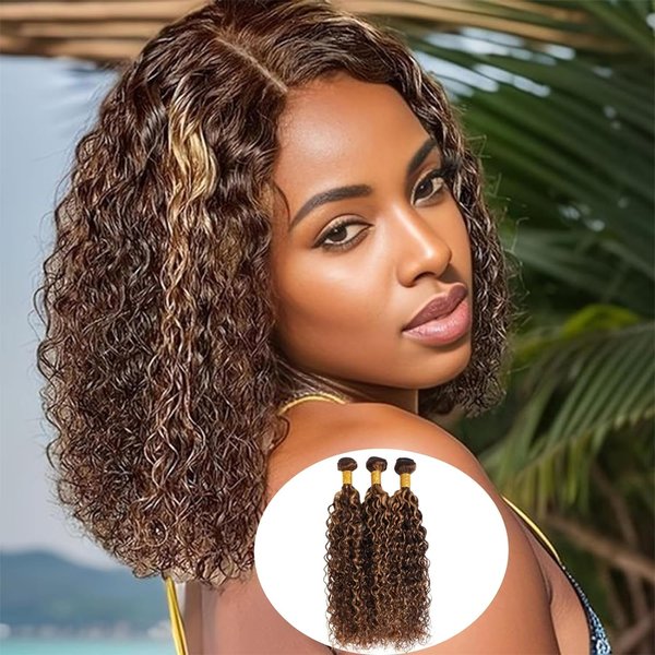 Water Wave Human Hair Bundles Ombre Honey Blonde Curly Bundles, Glossy & Shed-free P4/27 Highlighted Wet And Wavy Human Hair Bundles Weave Brown Piano Color 10A 100% Virgin Hair Single Bundle 14 Inch