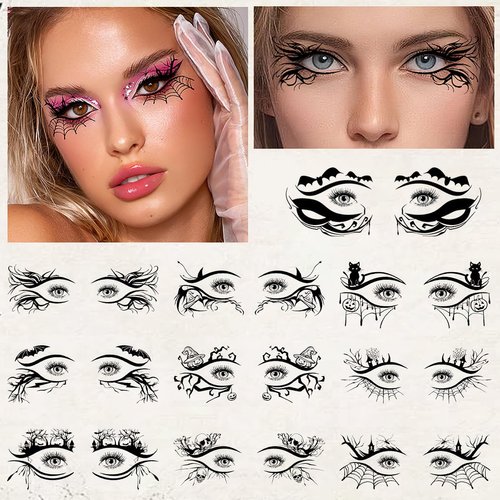 10 Pcs Halloween Temporary Tattoos Eye Shadow Face Temporary Tattoos Stickers Cat Bat Spider Web Gothic Fake Tattoos Eyeliner for Women Girl Man Halloween Eye Makeup Decals Party Essential Supplies