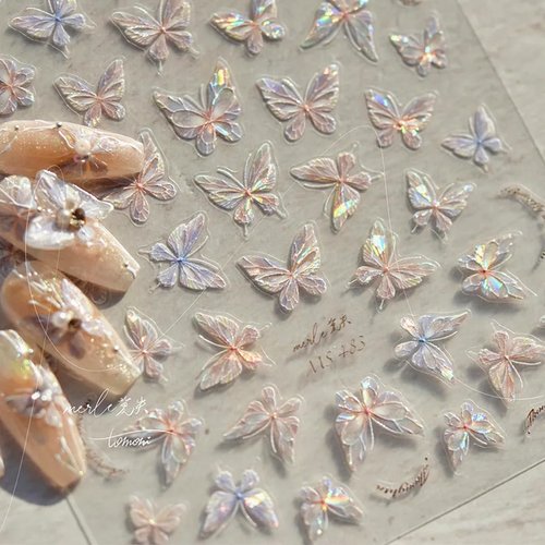 FBABFBUO Butterfly Nail Art Stickers, Pink Shell Butterfly, 5D Embossed Aurora Decals for Women and Girls