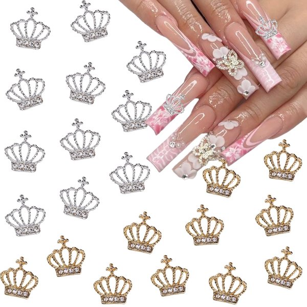 Crown Nail Charms 22Pcs Gold Silver Nail Charms Alloy Hollow Out Crown Nail Rhinestones Exquisite Luxury Nail Design Nail Gems Crystal Diamonds Crown Nail Jewels for Nail Art Supplies DIY Decoration