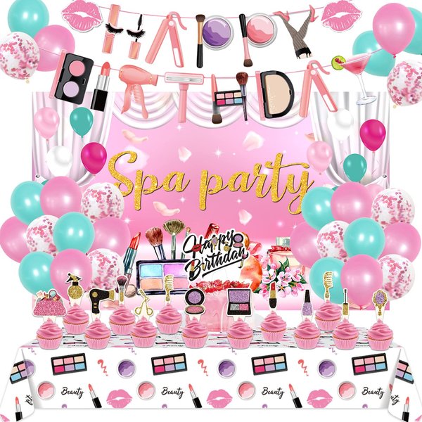 Spa Party Supplies for Girls Includes Cake Topper, 12Cupcake Toppers, 18 Latex Balloons, Spa Backdrop, 1 Table Cloth , 1 Banner for Spa Birthday Party Decoration