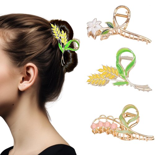 COSDAD 3PCS Cute Hair Claw Clips - Non-Slip Metal Flower Clips for Women with Thick Hair - Strong Hold Hair Accessories for Girls - Wheat, Lily, and Bell Orchid Flower Designs