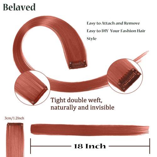 Belaved 18inch Colored Clip in Hair Extensions 6 Pcs Pink Colored Hair Extensions Colorful Clip in Hair Extensions Straight Clip ins Real Human Hair for Women Girls Party Christmas New Year Gift