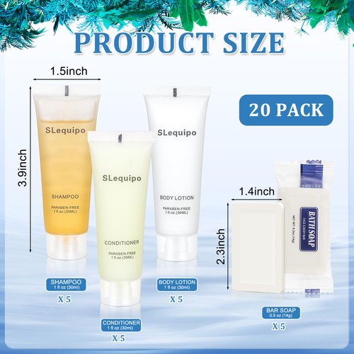 SLequipo 4-IN-1 Hotel Toiletries Bulk Set (20PCS) 4-Piece Set: 5 Hotel Bar Soap 0.5oz, 5 Hotel Shampoo, 5 Conditioner Travel Size, 5 Hotel Body Lotion - Bulk Mini Guest Amenities