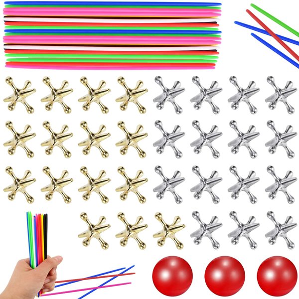 ZeeDix Pick Up Sticks and Metal Jacks Game with Ball Kit- Include 3 Pcs Red Rubber Balls and 30 Pcs Gold and Silver Metal Jacks, 180pcs Classic Pick Up Sticks Game for Kids Adults Family