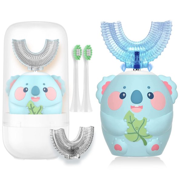 Geacker Kids Electric Toothbrush, U Shaped Toothbrush Kids Sonic Automatic Brush with 4 Brush Heads 6 Cleaning Modes IPX7 Waterproof Rechargeable Smart Timer for Children (Ages 8-14, Koala Cyan)