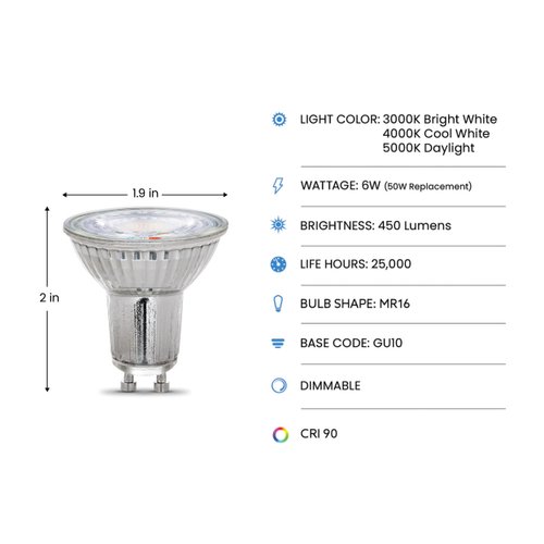Feit Electric MR16 LED Reflector Light Bulb, 50W Equivalent, Dimmable, GU10 Base, 90+ CRI, 450 Lumen, Adjustable Color Temperature Track Lighting, 25,000-Hour Lifespan, BPMR16GU10503CCTCA/3, 3-Pack