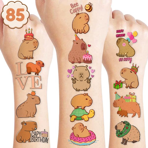 Capybara Temporary Tattoos 8 Sheets 85PCS Capybara Mouse Party Decorations Supplies Favors Animals Theme Birthday Cute Stickers Christmas Gifts for Boys Girls Kids Class School Prizes Carnival