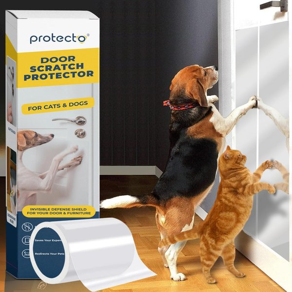 PROTECTO® Cat & Dog Scratch Door Protector with Utility Knife - 60" x 8" Clear Wall Protector for Pet Scratching - Sticky and Self-Adhesive Deterrent Vinyl Surface - Easy Customization & Installation