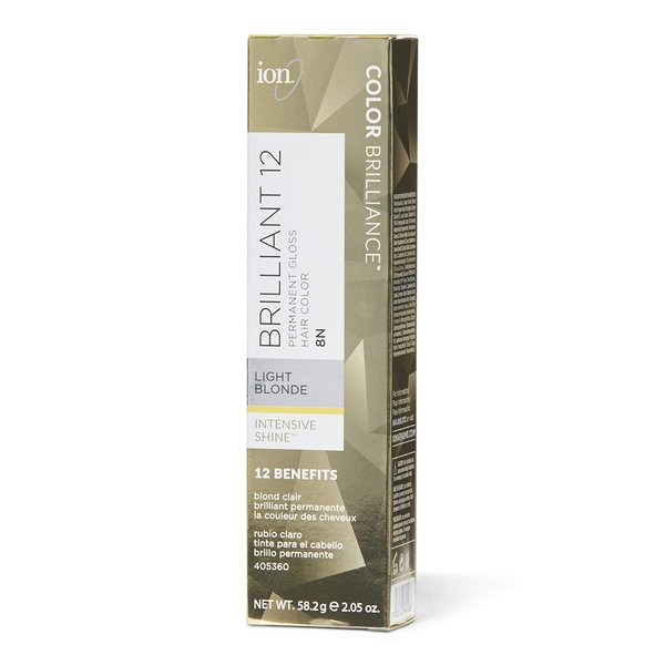 ion 8N Light Blonde Brilliant 12 Permanent Gloss Hair Color High Shine, Anti-Fade UV Protection, 100% Gray Coverage, PPD Free, 2.05 Oz