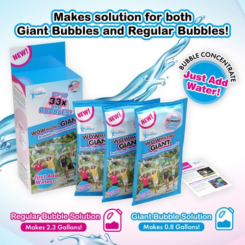 WOWmazing Bubble Concentrate Solution (up to 2.3 Gallons) - Big Bubbles (3 Pouches of Bubble Refill) – Just Add Water – Made in USA
