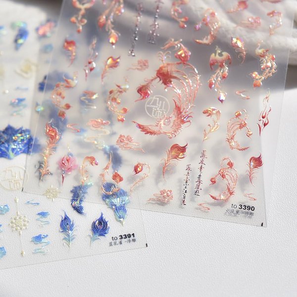 5D Nail Art Stickers Embossed Nail Decals Phoenix, Peacock, Feather for Women Girls Acrylic Manicure DIY Salon Nail Decorate Supplies (Feather)