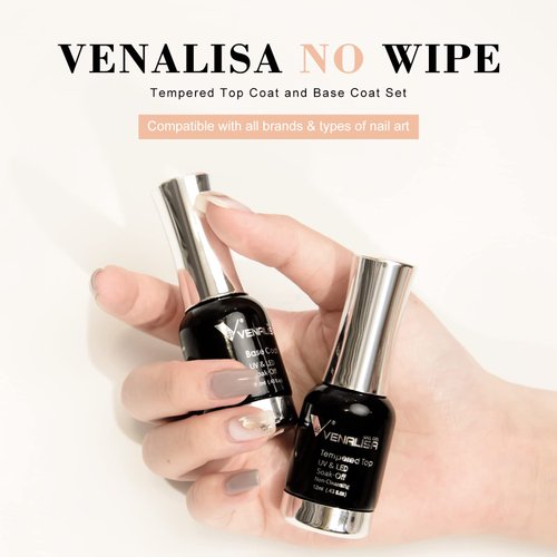 VENALISA 2 Pcs No Wipe Tempered Gel Top Coat and Base Coat Set Gel Nail Polish, Soak Off UV LED Nail Gel Polish Nail Art Starter Manicure Salon DIY at Home