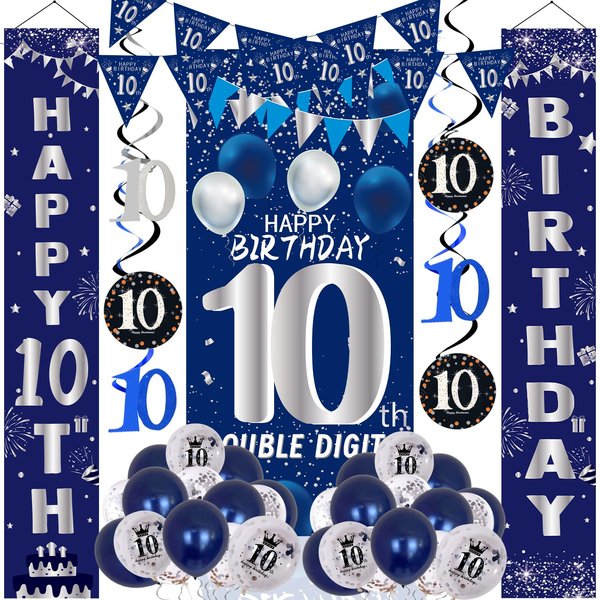 10th Birthday Decorations for Boys Girls, Navy Blue 10th Birthday Party Decorations Happy 10th Birthday Door Banner Double Digits Party Supplies Boy 10 Years Old Yard Sign Bday Balloons Hanging Decors