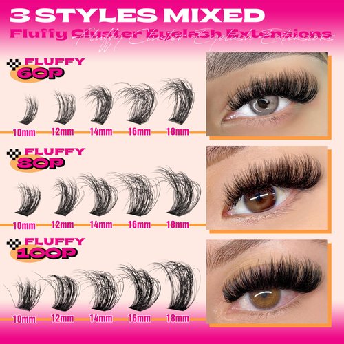 DIY Lash Extension Kit Fluffy Lash Clusters Kit 300PCS Eyelash Clusters with Bond and Seal Glue Thick 60D+80D+100D Cluster Eyelash Extensions Kit D Curl Volume Individual Lashes Kit DIY at Home