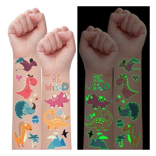 10 Sheets Luminous Dinosaur Temporary Tattoos for Kids Birthday Party Supplies, Glow Girl Dinosaur Party Favors Decorations for Birthday Party, Pink Dinosaur Stocking Stuffers