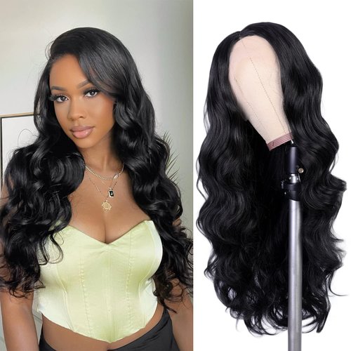 WIGNEE Lace Front Wig Body Wave Brown Wig Long Curly Wigs Natural Black Synthetic Lace Front Wigs for Black Women (Black)