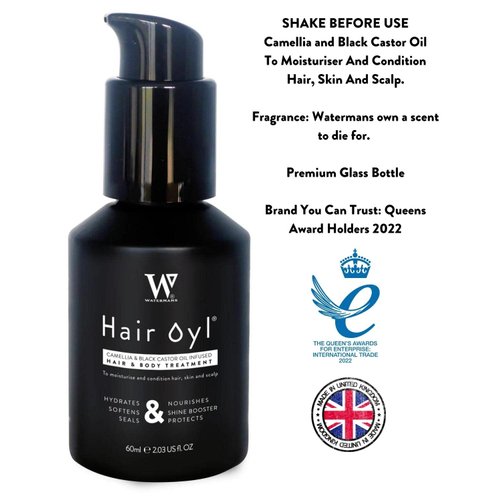 Watermans Hair Oyl 60 ml - Camellia & black castor infused hair & body oil treatment. Natural Hair Oil for dry damaged hair, Oil for frizzy hair and Curly hair