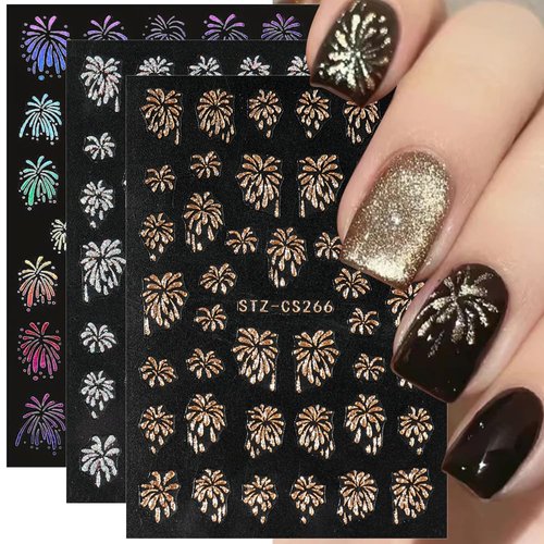 3D Glitter Firework Nail Stickers New Year Nail Art Stickers Colorful Fireworks Nails Stickers Holiday Nail Decals Blooming Firework Nail Design Stickers for Nails Women Nail Supplies Manicure Decor
