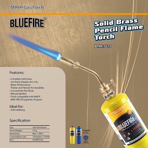 BLUEFIRE Solid Brass Jumbo Pencil Flame Gas Welding Torch Head Nozzle Upgraded Full Metal Version Fuel by MAPP MAP Pro Propane CGA600 Cylinder Bottle (Torch Only)
