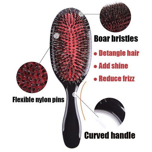 Boar Bristle Hair Brush Paddle Detangling Brush and Comb Set for Curly Fine Wavy Natural Tangled Hair, Anti-frizz Styling Hairbrush Comb for Women Men, Boar Nylon Bristle Cushioned Brush