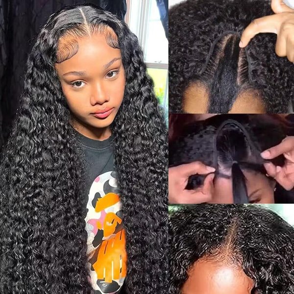 Deep Wave U Part Human Hair Wig Curly U Part Wigs Glueless Human Hair wigs for Black Women None Lace Front Wigs Full Head Clip In Half Wig UPart Hair Extension Natural Color 180% Density 18 Inch