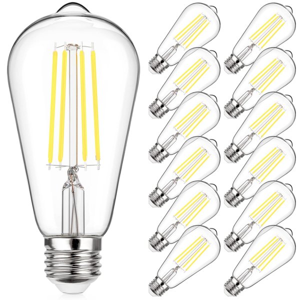 MAXvolador Vintage LED Edison Bulb 60W Equivalent 800LM, 6W ST58 LED Filament Light Bulb, Daylight White 5000K, E26 Base, Non-Dimmable, Pack of 12