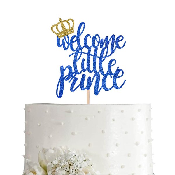 Welcome Little Prince Cake Topper Royal Blue Gold Glitter Boy 10 Years Birthday Party Supplies, Decorations