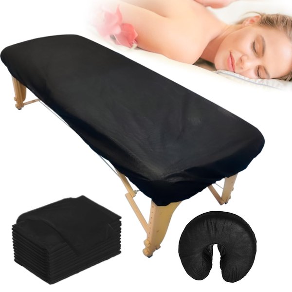 Fancystyle Pack of 24 Disposable Fitted Massage Table Sheets and Fitted Headrest Covers Black
