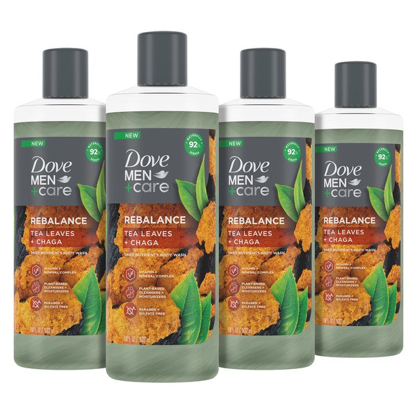 DOVE MEN + CARE Rebalance Body Wash Tea Leaves and Chaga 4 Count With Vitamin and Mineral Complex Moisturizing Body Wash with Plant Based Ingredients 18 oz