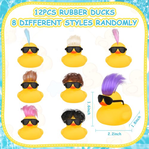 Rubber Ducks Bath Toys with Wig and Black Sunglasses, 12 PCS Cute and Funny Mini Rubber Ducks Bathtub Toys Shower Toys for Birthday Gifts Summer Pool Holiday Cruise Ducks Party Favors, Random Style