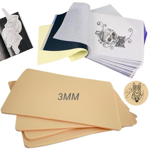3MM Tattoo Fake Skin with Transfer Paper - Emalla 25Pcs Tattoo Stencil Paper and Skin Practice Kit Including 5Pcs Soft Fake Tattoo Skin and 20Pcs Tattoo Transfer Paper for Beginners or Artists