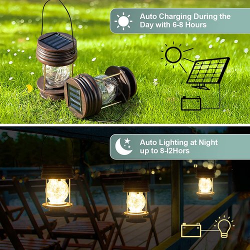 Solar Lanterns Outdoor Hanging-2 Pack Waterproof Landscape Lights Solar Table Lamps with Retro Design, Warm Fairy Lights