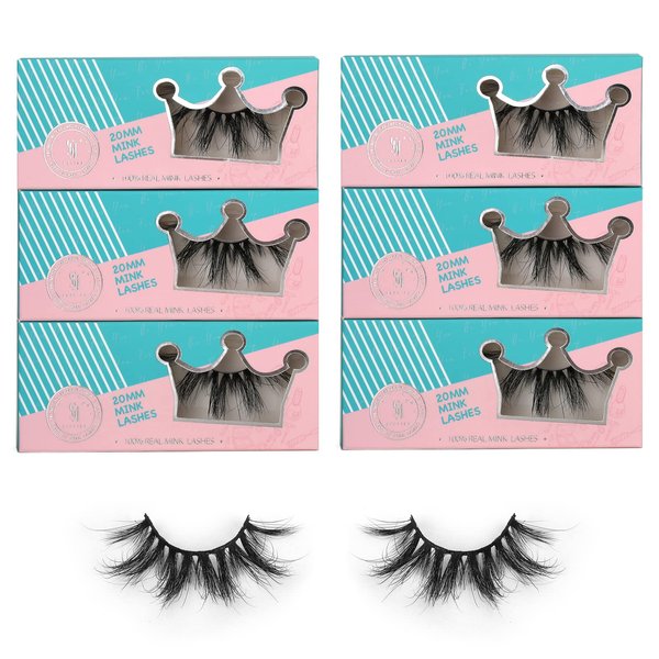SY SHUYING 6 Pairs 20mm Mink Lashes 3D Real Mink Eyelashes Dramatic Fluffy False Eyelashes 100% Handmade 6D Long Thick Soft Reusable Luxurious Volume Strip Eye Lashes (Queen)