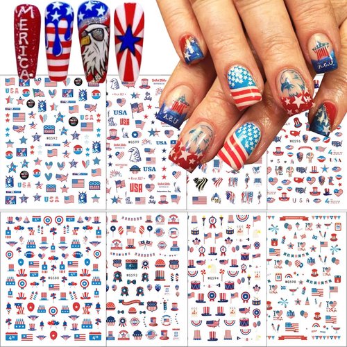 8 Sheets Independence Day Nail Sticker 4th of July Nail Art Stickers 3D Self-Adhesive USA Flags Heart Stars Eagle Nail Designs Decals Patriotic Nail Supplies for Women 4th of July Nail Decoration