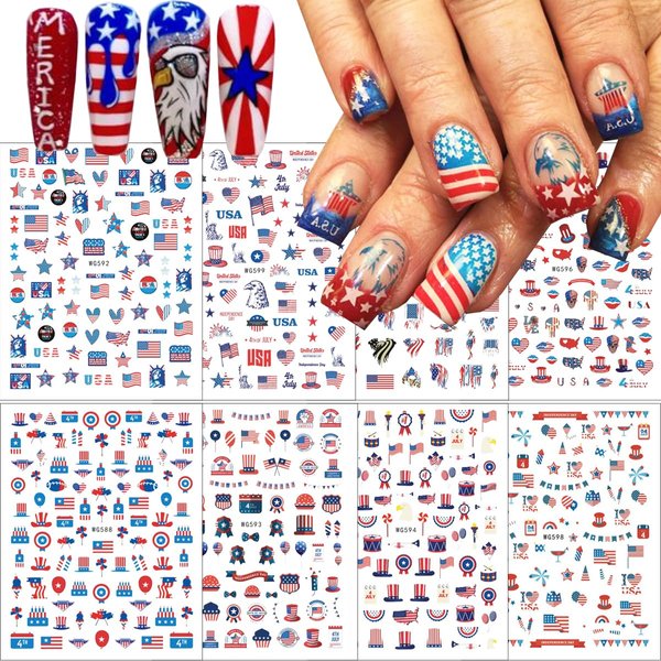 8 Sheets Independence Day Nail Sticker 4th of July Nail Art Stickers 3D Self-Adhesive USA Flags Heart Stars Eagle Nail Designs Decals Patriotic Nail Supplies for Women 4th of July Nail Decoration