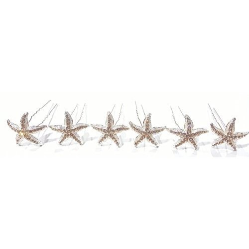 Set of 6 Gold Silver Sea Star Rhinestone Crystal Hair Pins Starfish (Silver)