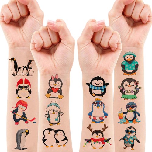 100 PCS Funny Summer Penguin Temporary Tattoos Sticker Animal Penguin Birthday Party Decorations Supplies Favors Gifts Girls Boys Baby Showers Prizes Cute Tattoo School Reward Themed Christmas Winter