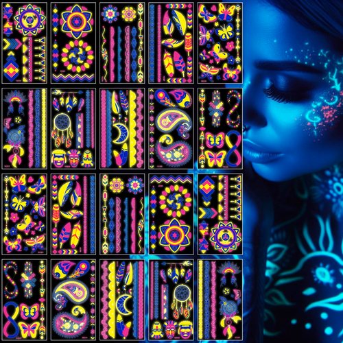 20 Sheet 170+ Unique Designs Glow in the Dark Neon Temporary Tattoo, Neon Temporary Tattoo Stickers, UV Blacklight Neon Glow Fake Tattoos for Party Rave Festival, Make up Temporary Tattoo for women