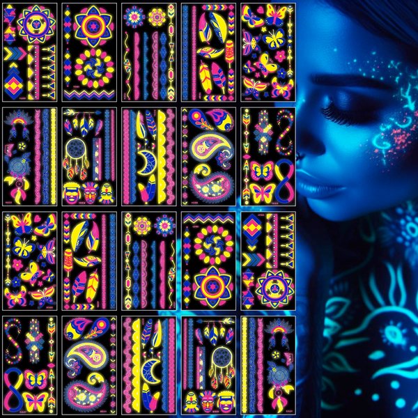 20 Sheet 170+ Unique Designs Glow in the Dark Neon Temporary Tattoo, Neon Temporary Tattoo Stickers, UV Blacklight Neon Glow Fake Tattoos for Party Rave Festival, Make up Temporary Tattoo for women
