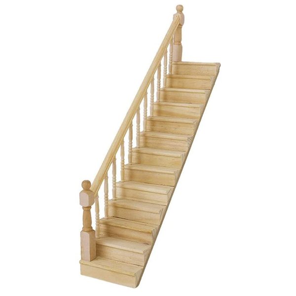 Miniature Stairs 1:12 Scale Dollhouse Furniture Wooden Handrail DIY Unpainted Staircase Dollhouse Accessories Pre-Assembled Steps Model (Left-Handrail)
