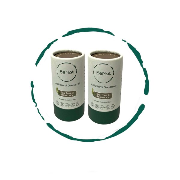 BeNat. 2-Pack. All Natural Deodorant Plastic Free For Women & Men Tea Tree & Rosemary Aluminum Free, Gluten Free & Cruelty Free 24 Hour Long Lasting Protection Zero Waste Eco Friendly Products. 3 oz.