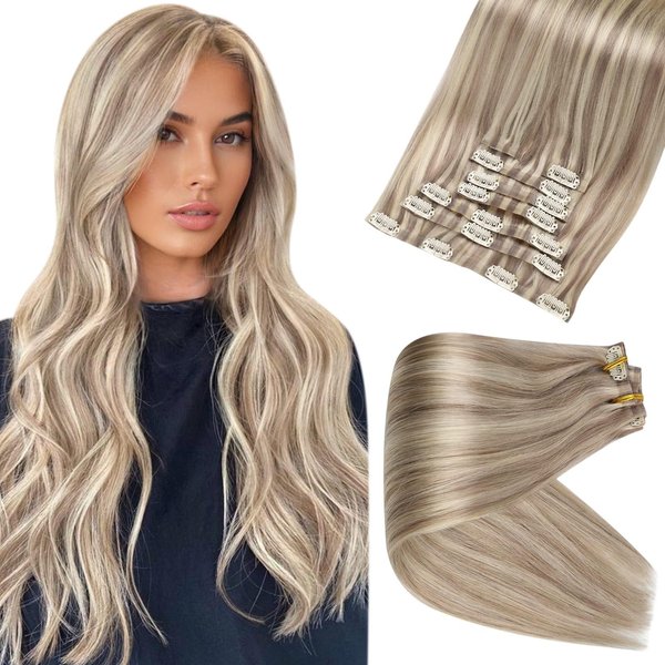 Full Shine Clip in Hair Extensions Ash Blonde Highlight Bleach Blonde Seamless Clip in Human Hair Extensions 8 Pcs Ash Blonde Real Hair Extensions for Women Clip in 120 Grams 16 Inch