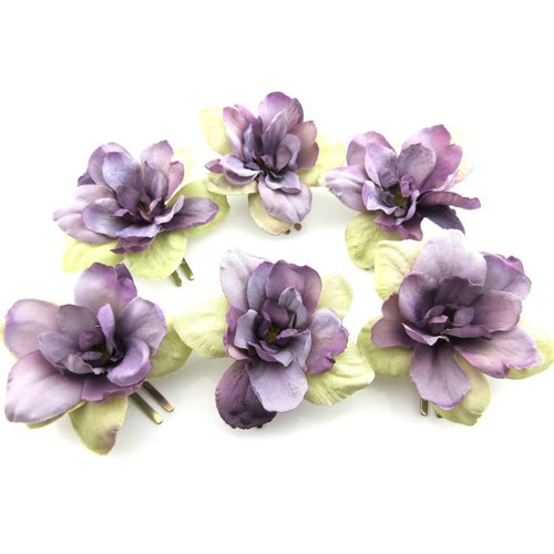 6 pc Lot Violet Beige Apple Blossom Silk Flower Hair Clips