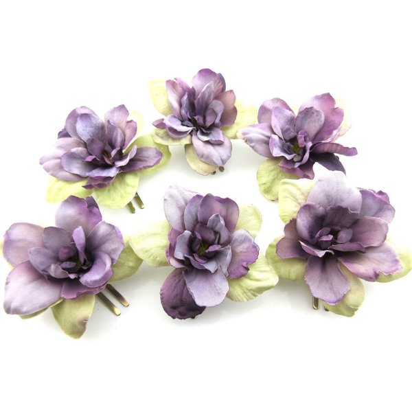 6 pc Lot Violet Beige Apple Blossom Silk Flower Hair Clips