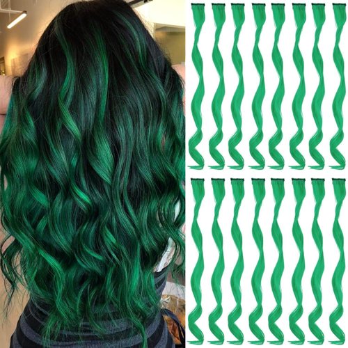 TOFAFA 16 Pcs Colored Hair Extensions Curly Wavy Clip in Synthetic Hairpiece Streak for Girls Women Kids, Multi-colors St. Patrick's Day Party Highlights Cosplay Festival Gift(Green)