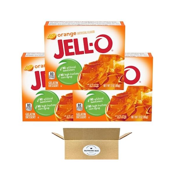 SUPREME BOX Jell-O Orange Gelatin Mix, 3 oz Boxes - Pack of 3 (9 oz in total)